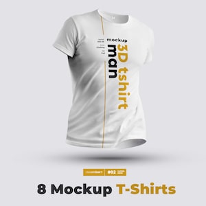 Pode incluir: Mockup de camiseta branca com o texto "3D tshirt man" em letras pretas e douradas.