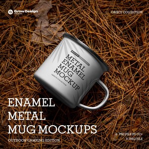 Realistic Outdoor Enamel Mug Mockup PSD | Editable Color Camp Cup Smart Object | Forest Nature Background Mock Up