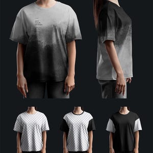 Op de afbeelding: Een collectie t-shirts in diverse stijlen. Eén shirt heeft een grijs-zwarte gradiënt, met de tekst "ANY YOUR DESIGN" erop. Andere shirts hebben ruitpatronen en effen kleuren, die een scala aan ontwerpopties bieden.