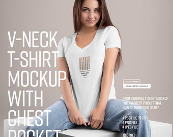 Model T-shirt met V-hals voor dames met zak (4 PSD, 7 png, 7 jpeg) digitale download