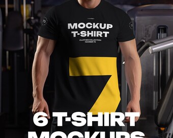 May include: A black t-shirt mockup with a yellow graphic design. The text on the shirt reads "MOCKUP T-SHIRT CLOTHES COLLECTION NUMBER 73". The image is labelled "6 T-SHIRT MOCKUPS".
