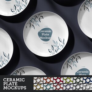 May include: A set of 15 ceramic plates with a simple floral design. The plates are white with a blue and grey floral pattern. The plates are arranged in a circle on a dark blue background. The text "Ceramic Plate Mockups" is displayed below the plates.