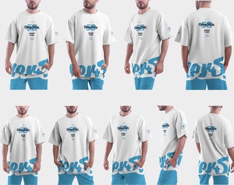 May include: A white oversized t-shirt with the text "OverSize Mockup T-Shirt" printed on the front. The t-shirt is paired with matching blue shorts featuring a white graphic design.