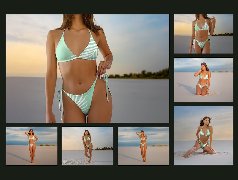 May include: A woman wearing a green and white tropical print bikini on a white sandy beach.