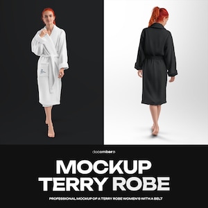 May include: A white terry robe with a belt and a black terry robe with a belt. Both robes are worn by a person with red hair. The background is split in half, with one side black and the other white.