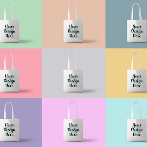 Puede incluir: Nueve bolsas de tela blancas con texto negro que dice "Your Design Here" mostradas sobre un fondo de nueve cuadrados de diferentes colores.