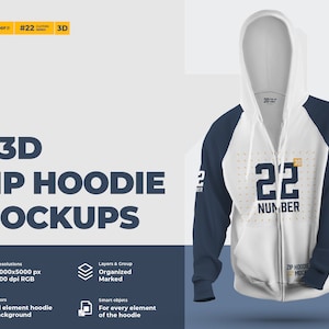 Puede incluir: Una maqueta de sudadera con capucha blanca con cremallera y diseño de bloques de color azul y blanco. La sudadera tiene cierre de cremallera y capucha. El texto "22 NUMBER" está impreso en la parte delantera de la sudadera.