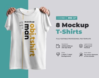 May include: A white t-shirt mockup with the text "obj.tshirt man" printed vertically in gold on the front. The t-shirt is being held up by hands. The image is part of a set of 8 t-shirt mockups.
