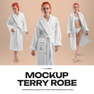 May include: White terry cloth robe with a shawl collar and a tie belt. The robe has a pocket on the left side.