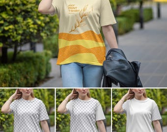 Mockup damesshirt PSD bewerkbare kleur T-shirt mode mockups all-over print hoge resolutie overlay mock-up