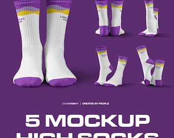 Mockup Cushioned Crew Sock Dye Sublimation Mockups With Toe and Heel Sock High-Resolution Ghosted PSD Set Editable Color Smart Mock-up