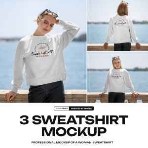 PSD Fashion Crewneck Sweatshirt Mockup Female AOP Sweatshirts Outdoor Lake Mockups