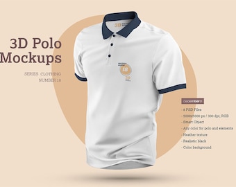Może przedstawiać: Biała koszulka polo z makietą z granatowym kołnierzem i mankietami. Koszulka ma małe logo na klatce piersiowej, które mówi "3D Polo Mockup" i "18".
