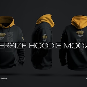 May include: Black oversized hoodie mockup with a yellow hood. The hoodie has the text "Mockup Oversize Hoodie" printed on the front and back.