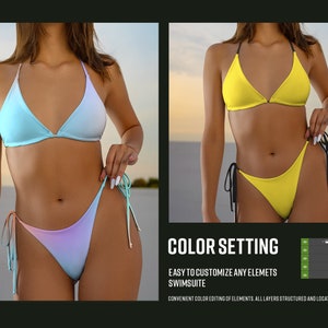 May include: Two images of a swimsuit with colour setting options. The swimsuit is a triangle top and a high-cut bottom. The first image shows a light blue and pink gradient swimsuit. The second image shows a yellow swimsuit. The colour setting options are shown in a small window on the right side of the image.