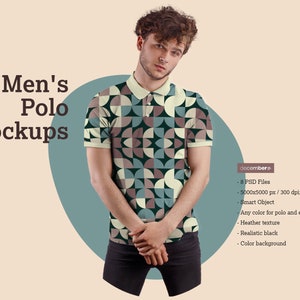 May include: Eight men's polo shirt mockups featuring a geometric pattern in shades of brown, blue, and cream. The mockups have a realistic black background and a smart object for easy customisation.