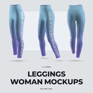 May include: Three pairs of blue and purple gradient leggings are shown. The leggings have the text "LEGGINGS MOCKUP #45" printed vertically. The words "SPORTWEAR" are printed on the top of the leggings. The words "LEGGINGS WOMAN MOCKUPS" are printed at the bottom.