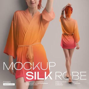 May include: Mockup of a silk robe with a gradient color design from orange to pink. The robe is tied with a matching belt. The text "MOCKUP SILK ROBE" is displayed at the bottom of the image.
