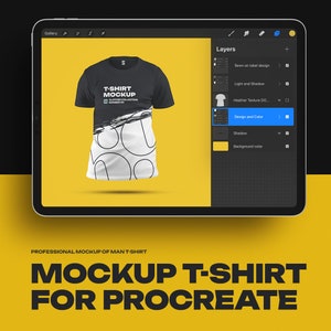 May include: A mockup of a black t-shirt with a white design on a yellow background. The t-shirt is displayed on a tablet screen with a layer panel showing the different elements of the design. The text on the t-shirt reads "T-SHIRT MOCKUP CLOTHES COLLECTION NUMBER 03". The text at the bottom of the image reads "PROFESSIONAL MOCKUP OF MAN T-SHIRT MOCKUP T-SHIRT FOR PROCREATE".