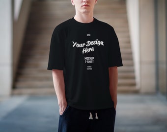 Gildan 5000 Mens Black T-shirt Mockup, Streetwear Mockups, Urban Street Background, Lifestyle Mens Mock, Oversized Black Tshirt Mockup