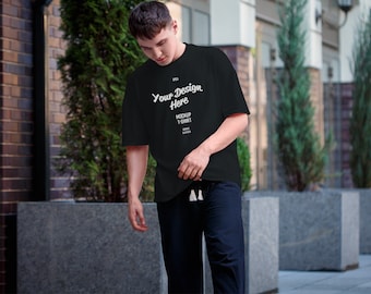 Streetwear Oversized T-shirt Mockup Urban Setting Mock up Men Tshirt Lifestyle Mockup Outdoor Male Model