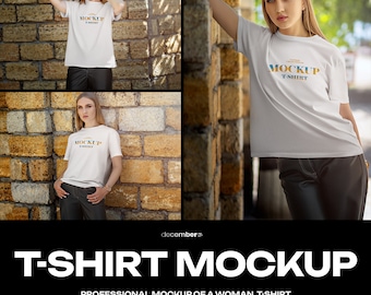 3 Mockups Dames T-shirts PSD Bewerkbare Kleur T-shirt Mode Mockup Hoge Resolutie Bakstenen Muur Achtergronden Outdoor Mock-up
