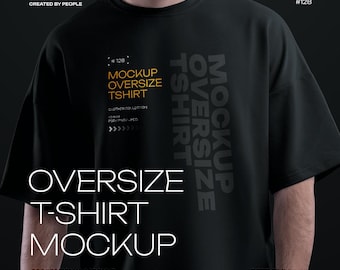 May include: A black oversized t-shirt mockup with the text "MOCKUP OVERSIZE TSHIRT" printed vertically on the right side of the shirt. The text "OVERSIZE T-SHIRT MOCKUP" is printed in white below the shirt.