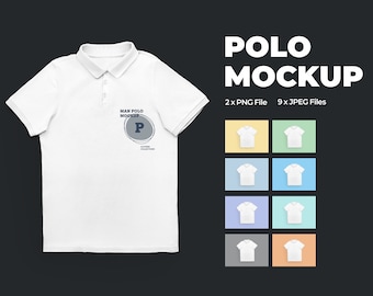 Puede incluir: Maqueta de polo blanco con un texto superpuesto que dice "Man Polo Mockup" con una letra estilizada "P" dentro de un círculo. La maqueta se muestra sobre un fondo negro con nueve fondos de colores diferentes detrás de la camisa.