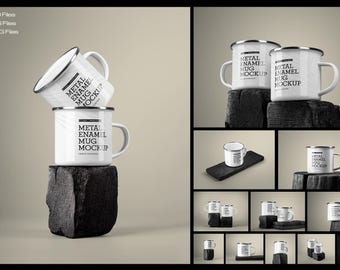 Enamel Mug Mockup Bundle Photoshop PSD 2 Camping Coffee Cup Mockups Editable Color High-Resolution Styled Stock Photo