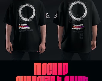 May include: Black oversized t-shirt mockup with a white circular design on the front and back. The front of the shirt has the text "T-SHIRT MOCKUP OVERSIZE" in a gradient color scheme. The bottom of the image has the text "MOCKUP OVERSIZE T-SHIRT".