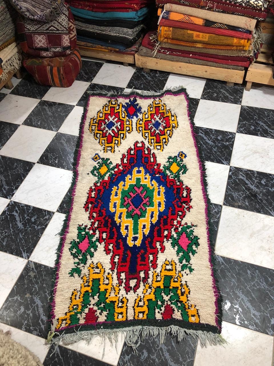 200x95cm Big Multicolors Tapis Berbères Faits Main, Tapis, Vintage, Marocain, Beni Ourain, Azilal Ro