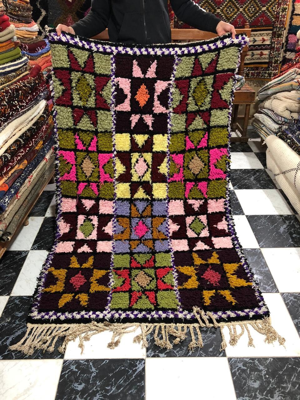 Tapis Multicolores 160x100 cm ; Tapis de Coton Laine, Tapis Berbère Fait Main, Berbère, Cru, Ourain 