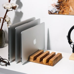 Wooden holder stand for vertical storage of 6 laptop macbook HP notebook 13 15 16 inch