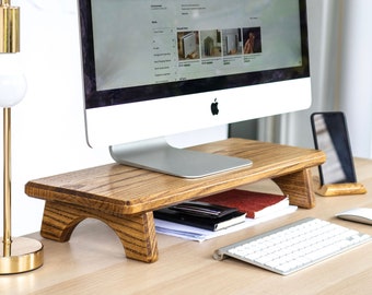 Monitor stand wood Desk shelf Computer display organizer stand iMac riser Home office storage and organization Solid wooden support Ash Oak