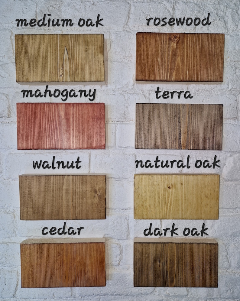 May include: Wood samples in various shades of brown, red, and yellow. The samples are labeled with the wood type: medium oak, rosewood, mahogany, terra, walnut, natural oak, cedar, and dark oak.