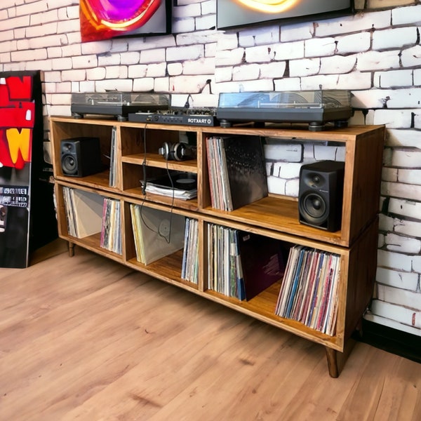 Vinyl display open shelf/modern turntable dj music cabinet modular Tv stand/scandinavian bookshelf/reclaimed wood shelving/storage rustic