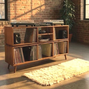 Schallplattenschrank aus Massivholz: Skandinavische DJ Media Konsole mit Aufbewahrungsschrank für Schallplatten