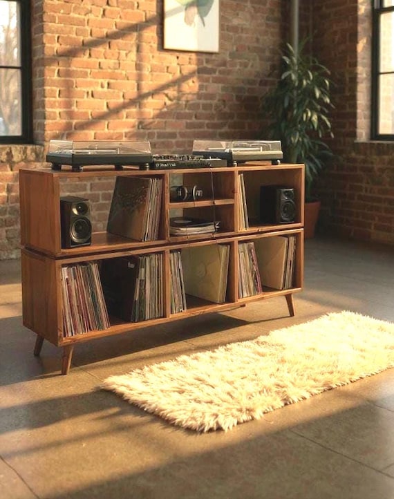 Vinyl Record Storage Cabinet made with solid wood: Scandinavian DJ Media Console unit with amp storage,handmade open shelf for vinyl display