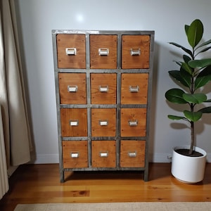 Puede incluir: Un mueble alto de estilo industrial con doce cajones de madera. Los cajones son de color marrón cálido y tienen portaetiquetas de metal plateado. El marco del mueble es de metal gris oscuro. Una planta en maceta está al lado del mueble.