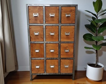 Industrial Apothecary Cabinet: Wooden Multi-Drawer Chest with metal frame, Rustic handcrafted Organizer for documents,herbs,storage solution