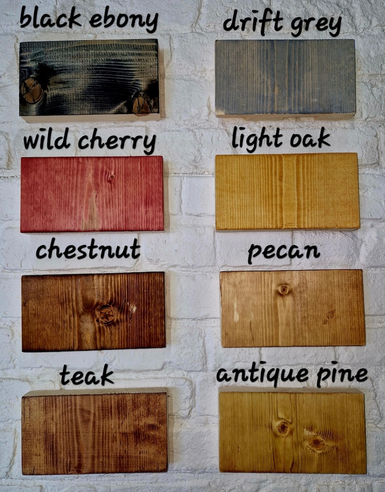 May include: A wood stain color chart with 10 different wood stain colors. The colors are: black ebony, drift grey, wild cherry, light oak, chestnut, pecan, teak, antique pine.