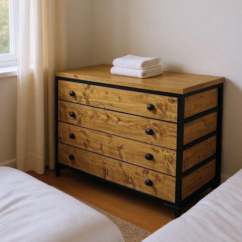 Industrial Chest Of Drawers | Solid Wood Dresser | Steel Frame Bedroom Storage | Reclaimed Wood Sideboard With Customizable Drawers image 13