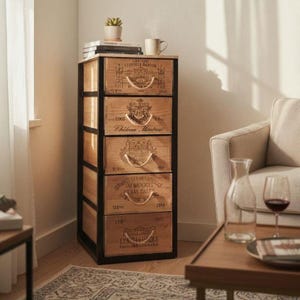 Kast met teruggewonnen Franse wijnkist, rustiek stalen frame, vintage lades