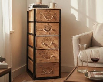 Reclaimed French Wine Box Cabinet, Rustic Steel Frame, Vintage Drawers