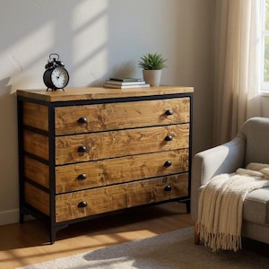 Industrial Chest Of Drawers | Solid Wood Dresser | Steel Frame Bedroom Storage | Reclaimed Wood Sideboard With Customizable Drawers image 5