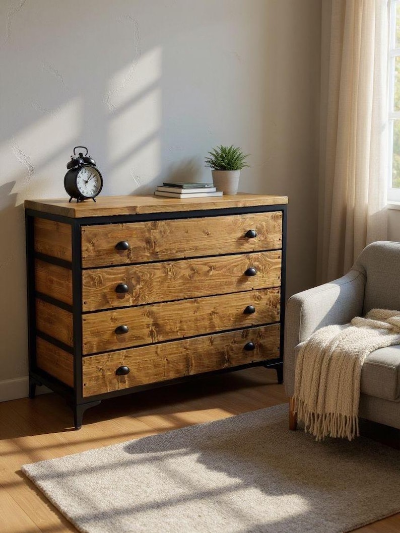 Industrial Chest Of Drawers | Solid Wood Dresser | Steel Frame Bedroom Storage | Reclaimed Wood Sideboard With Customizable Drawers image 5