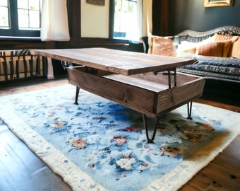 Mesa de centro elevadora/Muebles rústicos de sala de estar de madera recuperada decoración del hogar/patas de horquilla/solución de almacenamiento industrial para el hogar/interiores vintage/