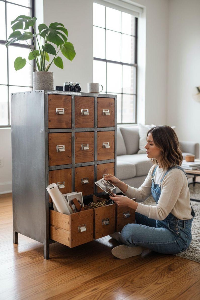 Industrial Apothecary Cabinet: Wooden Multi-Drawer Chest with metal frame - Thumbnail 5