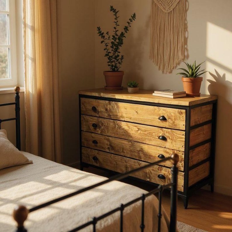 Industrial Chest Of Drawers | Solid Wood Dresser | Steel Frame Bedroom Storage | Reclaimed Wood Sideboard With Customizable Drawers image 4