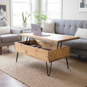 Rustic Coffee Table with Lifting Top:Solid wood storage coffee table,Handmade Farmhouse Industrial Hairpin Legs living room loft furniture